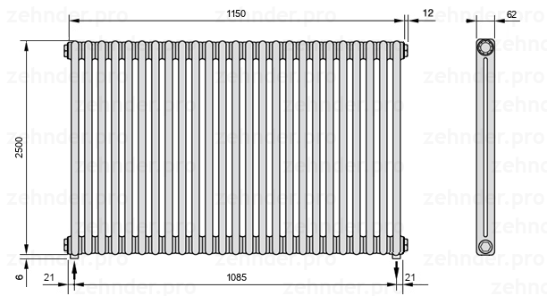 Схема (чертеж) Радиатор Zehnder Charleston 2250/25 №5310 Белый глянцевый RAL 9016